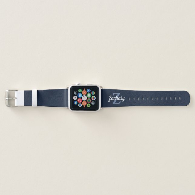 Personalized Retro Monogram Navy Blue White Apple Watch Band (Front)
