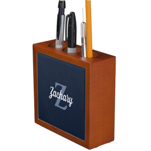 Personalized Retro Monogram Navy Blue White Desk Organizer