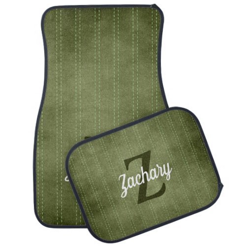 Personalized Retro Monogram Olive Green Pinstripes Car Floor Mat