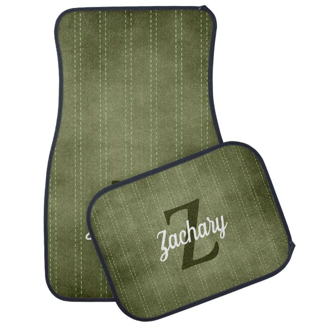 Personalized Retro Monogram Olive Green Pinstripes Car Floor Mat (Set)