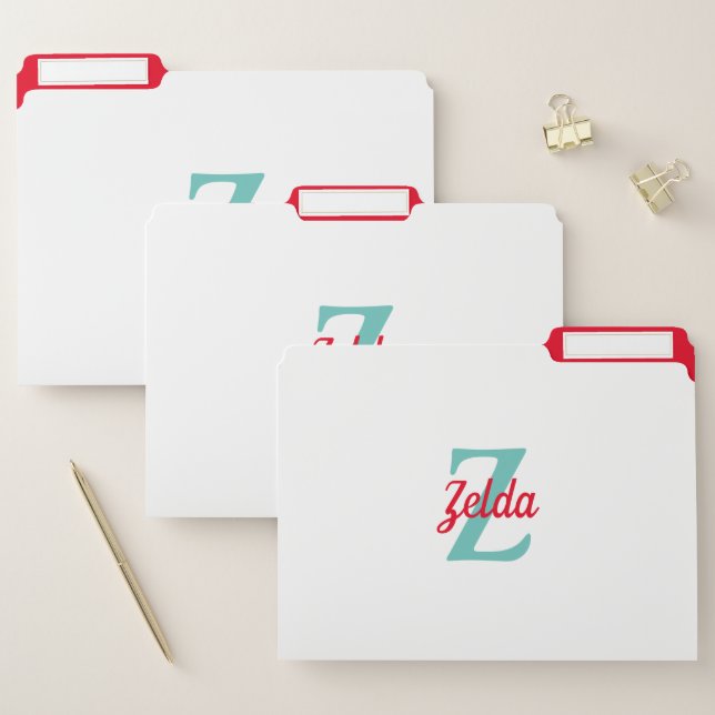 Personalized Retro Monogram Red Turquoise File Folder (Set)