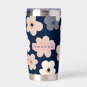 Personalized Retro Navy Blue Floral Blooms Insulated Tumbler