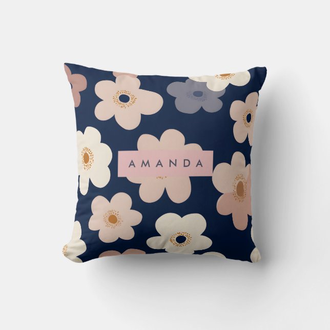 Personalized Retro Navy Blue Floral Blooms Throw Pillow (Front)