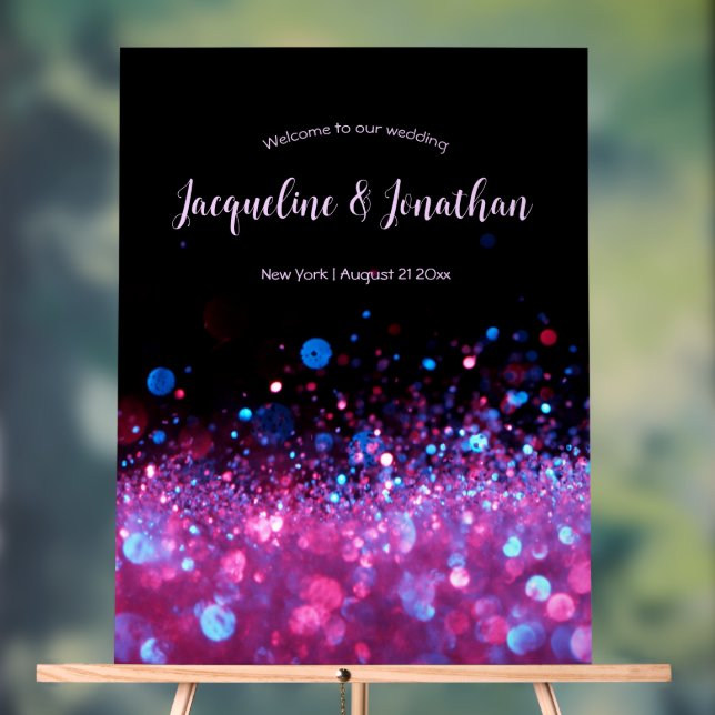 Personalized Retro Neon Pink Black Glitter Wedding Acrylic Sign (Neutral)