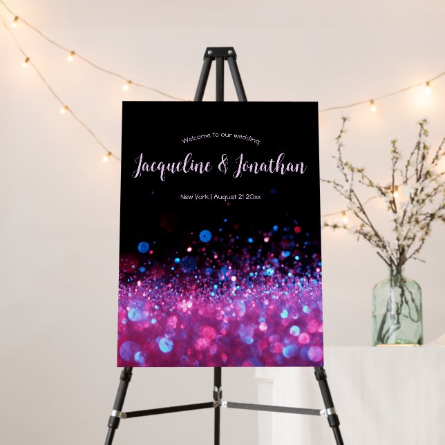 Personalized Retro Neon Pink Black Glitter Wedding Foam Board (In Situ (Stand))