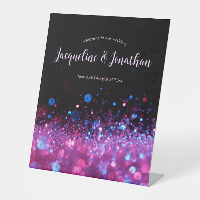 Personalized Retro Neon Pink Black Glitter Wedding Pedestal Sign (Front)