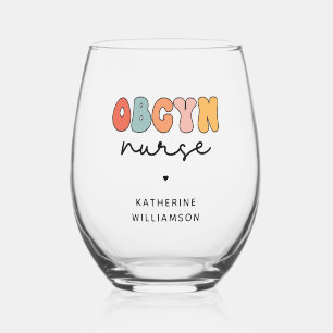 Personalized Retro OBGYN Nurse Stemless Wine Glass