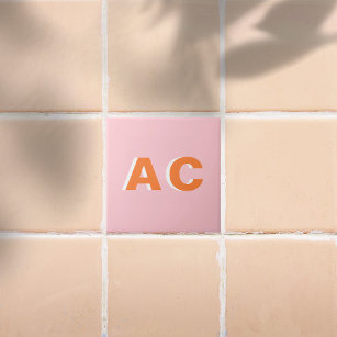 Personalized Retro Orange and Pink Monogram Ceramic Tile