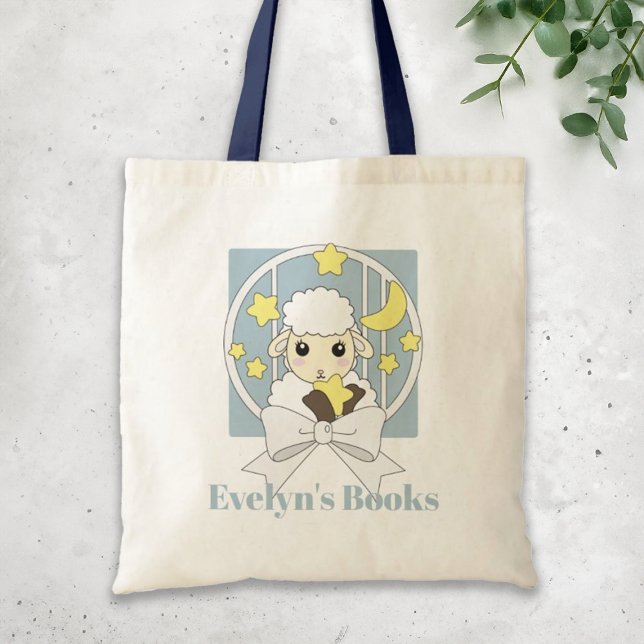 Personalized Retro Pastel Blue Cute Cartoon Lamb Tote Bag (Creator Uploaded)