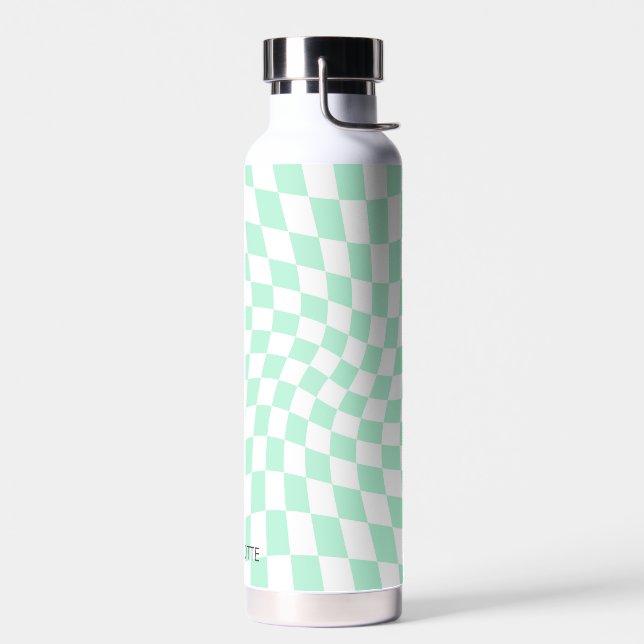 Personalized Retro Pastel Mint Wavy Checkered Water Bottle (Left)