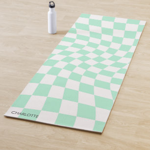Personalized Retro Pastel Mint Wavy Checkered Yoga Mat