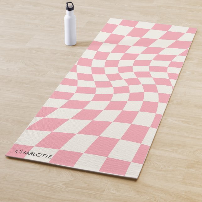 Personalized Retro Pastel Pink Wavy Checkered Yoga Mat (In Situ)