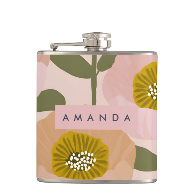Personalized Retro Peach and Pink Floral Style Flask (Front)