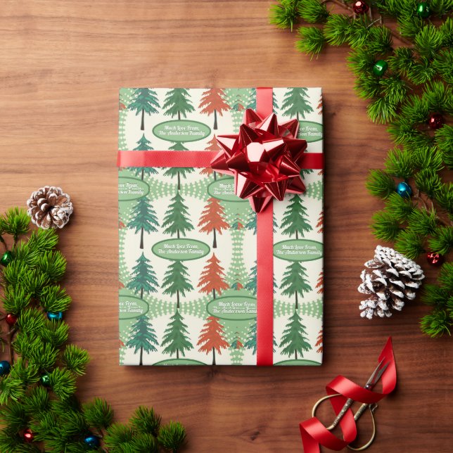 Personalized Retro Pine Tree Christmas Wrapping Paper (Holiday Gift)