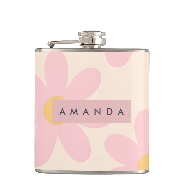 Personalized Retro Pink Daisy Floral Flask (Front)