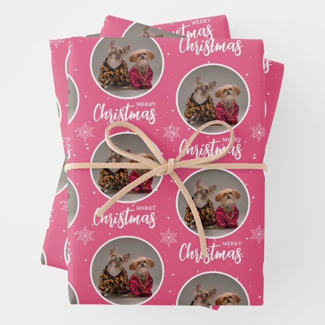Personalized Retro Pink Merry Christmas 1 Photo Wrapping Paper Sheets (In situ)