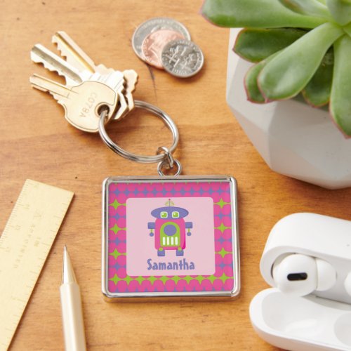 Personalized Retro Pink Purple and Green Robot Keychain