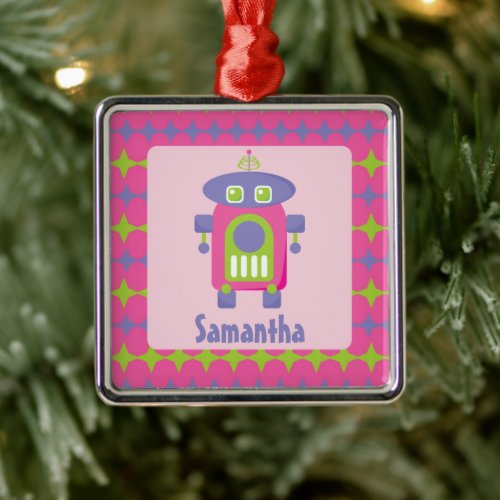 Personalized Retro Pink Purple and Green Robot Metal Ornament