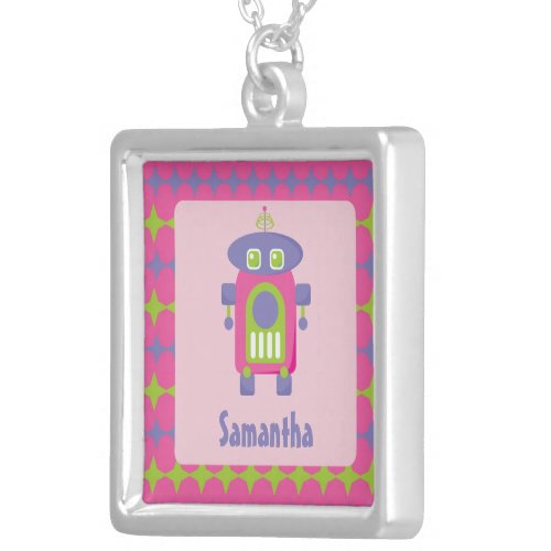 Personalized Retro Pink Purple and Green Robot Silver Plated Necklace