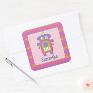 Personalized Retro Pink, Purple and Green Robot Square Sticker