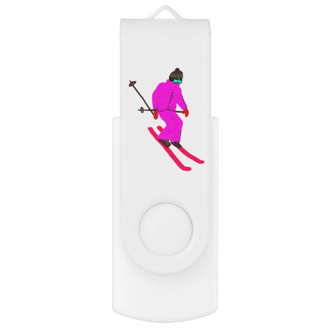 Personalized Retro Pink Skier Skiing Ski  Flash Drive (Front Vertical)