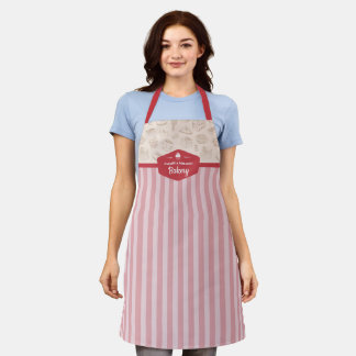 Personalized Retro Pink Stripes Bakery Apron
