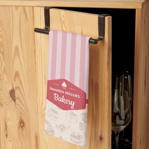 Personalized Retro Pink Stripes Bakery Kitchen Tow Kitchen Towel
