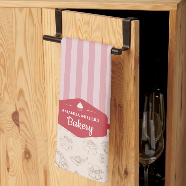 Personalized Retro Pink Stripes Bakery Kitchen Tow Towel (Thirds Fold)