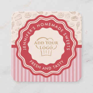 Personalized Retro Pink Stripes Bakery Logo Square Business Card