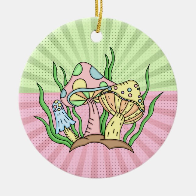 Personalized Retro Pop Art Mushroom Christmas Ceramic Ornament (Front)