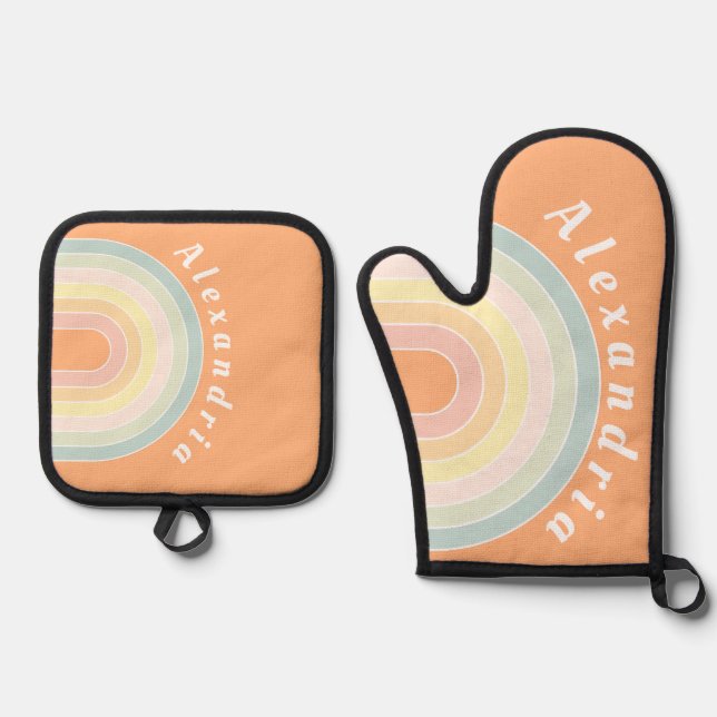 Personalized Retro Rainbow Pastel Oven Mitt & Pot Holder Set (Front)