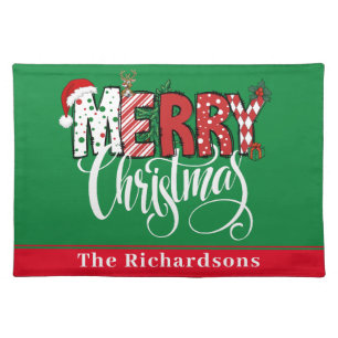 Personalized retro red and green merry christmas cloth placemat
