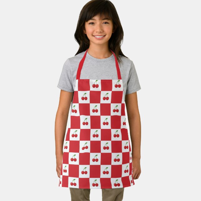 Personalized Retro Red Cherry & Gingham Checkered  Apron (Insitu)