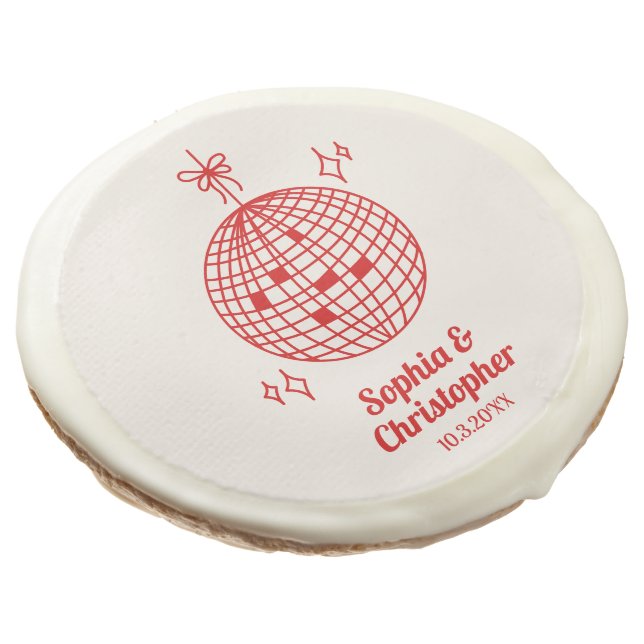 Personalized Retro Red Disco Ball Wedding Favor Sugar Cookie (Angled)