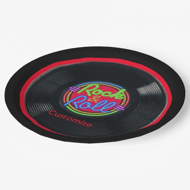 Personalized Retro Rock and Roll Vinyl Paper Plates (Angled)