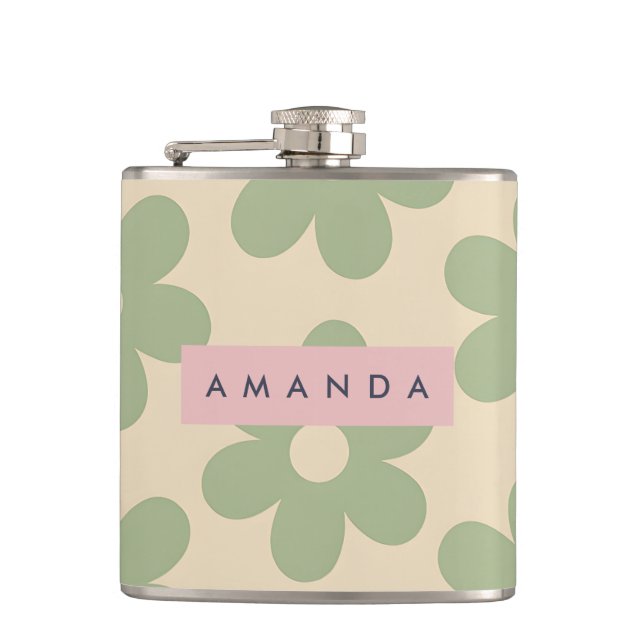 Personalized Retro Sage Green Daisy Flower Flask (Front)