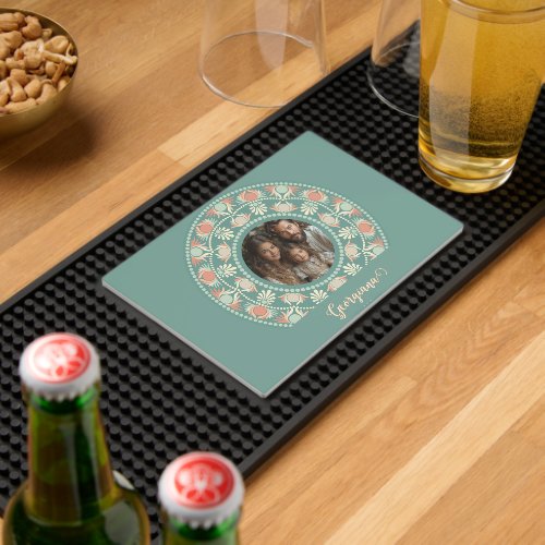 Personalized Retro Sage &amp; Sand Mandala Photo Frame Bar Mat