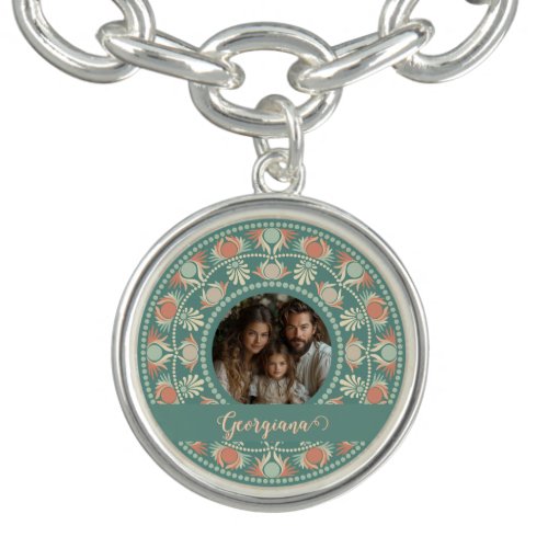 Personalized Retro Sage &amp; Sand Mandala Photo Frame Bracelet
