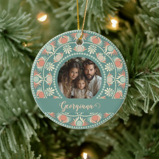 Personalized Retro Sage & Sand Mandala Photo Frame Ceramic Ornament (Tree)