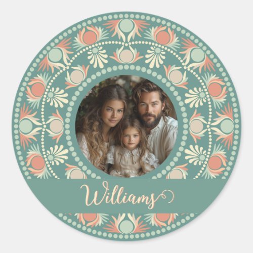Personalized Retro Sage &amp; Sand Mandala Photo Frame Classic Round Sticker