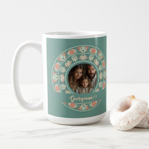 Personalized Retro Sage &amp; Sand Mandala Photo Frame Coffee Mug