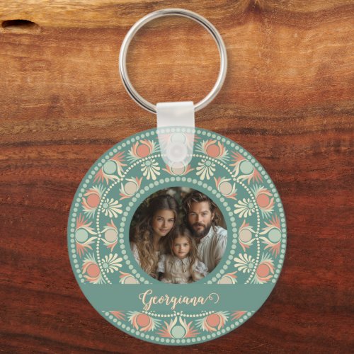 Personalized Retro Sage &amp; Sand Mandala Photo Frame Keychain