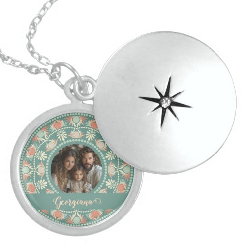 Personalized Retro Sage &amp; Sand Mandala Photo Frame Locket Necklace