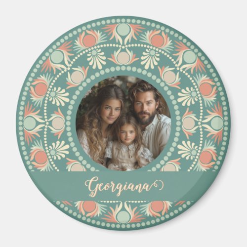 Personalized Retro Sage &amp; Sand Mandala Photo Frame Magnet