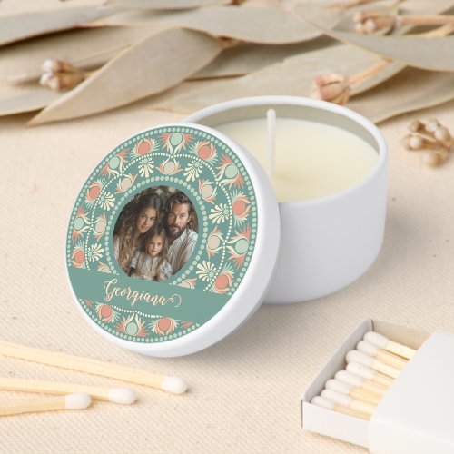 Personalized Retro Sage &amp; Sand Mandala Photo Frame Mini Candle Favors