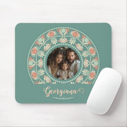 Personalized Retro Sage &amp; Sand Mandala Photo Frame Mouse Pad
