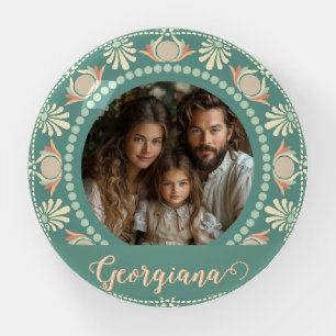 Personalized Retro Sage & Sand Mandala Photo Frame Paperweight