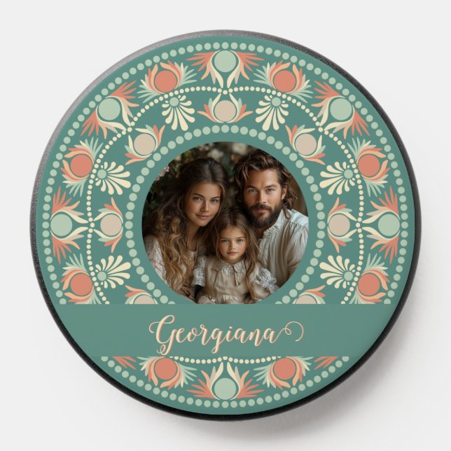 Personalized Retro Sage & Sand Mandala Photo Frame PopSocket (Popsocket)