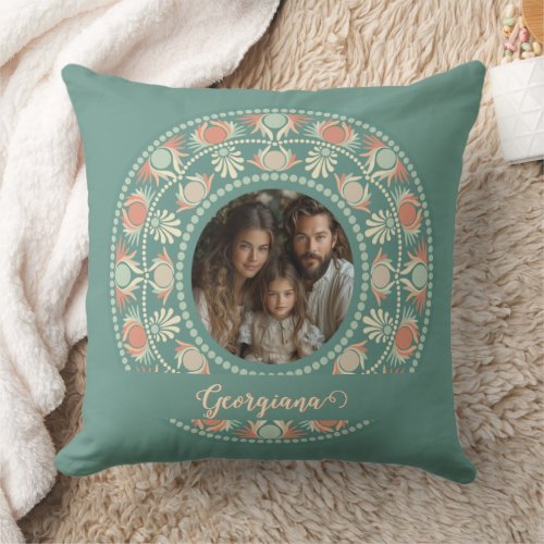 Personalized Retro Sage &amp; Sand Mandala Photo Frame Throw Pillow