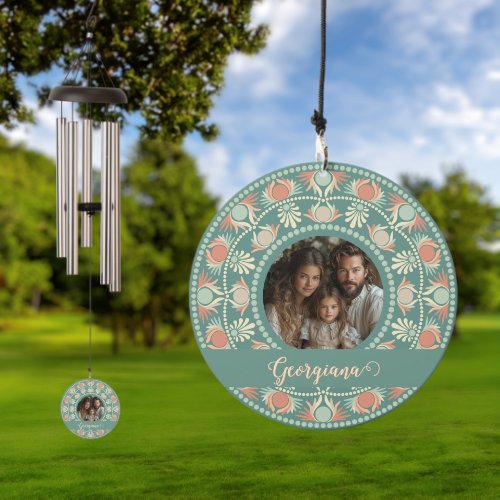 Personalized Retro Sage &amp; Sand Mandala Photo Frame Wind Chime